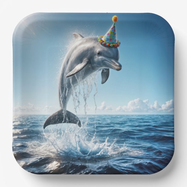 Birthday Dolphin Leaping Out of Water Paper Plate (Front)