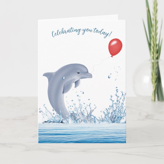 Birthday Dolphin With Balloon In Water  Card (Front)