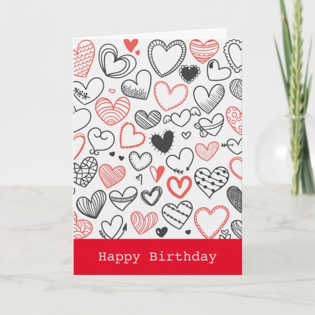 Birthday doodle hearts red and black hipster card (Front)
