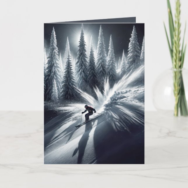 Birthday Downhill Skier In Moonlight Holiday Card (Front)