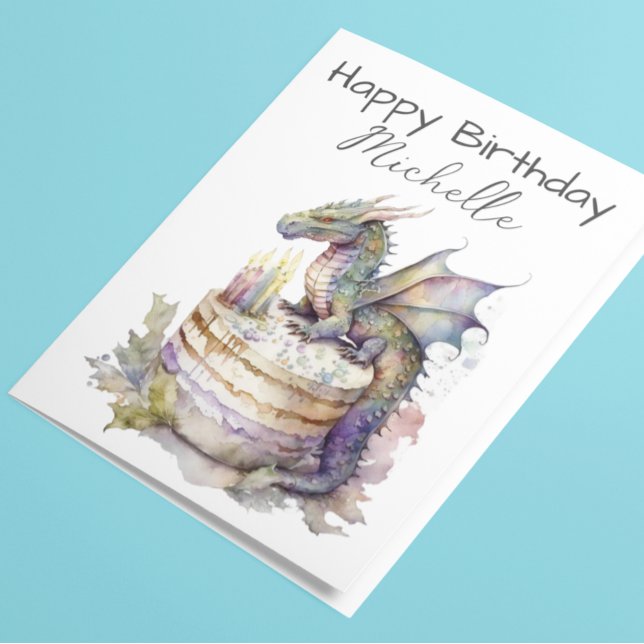  Birthday Dragon Cake Personalised Watercolor  Card (Creator Uploaded)