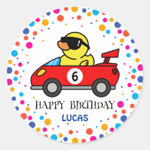 Birthday DUCK race car boy red racing kid name Classic Round Sticker