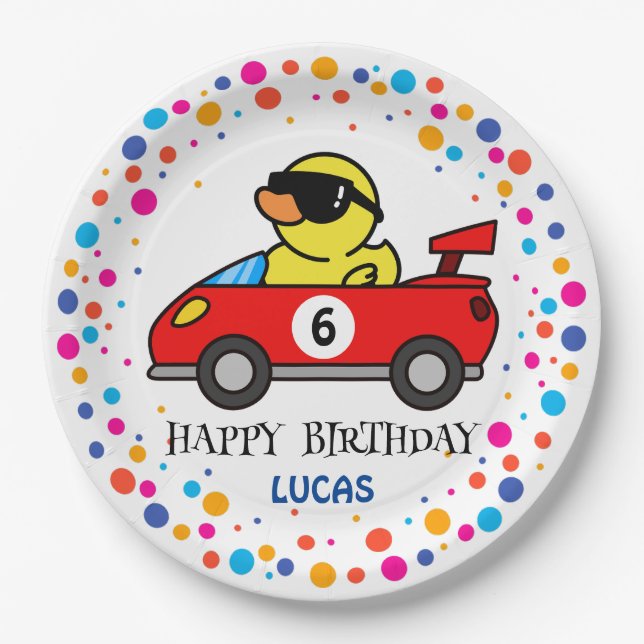 Birthday DUCK race car boy red racing kid name Paper Plate (Front)