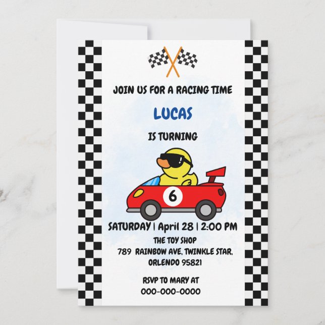 Birthday Duck race car boy red racing kids name Invitation (Front)