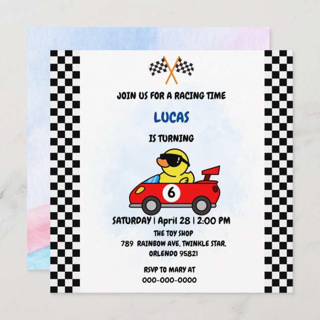 Birthday Duck race car boy red racing kids name Thank You Card (Front/Back)