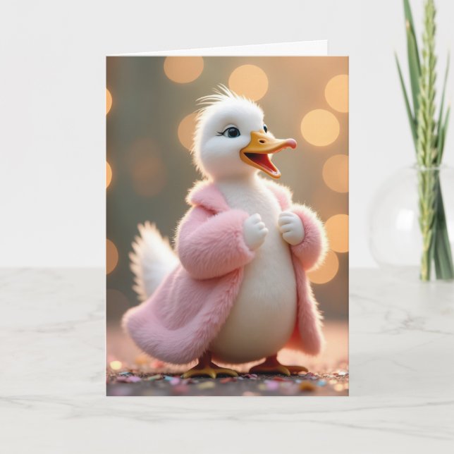 Birthday Duck Wearing a Pink Fur Coat Card (Front)