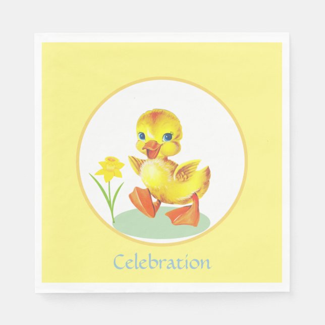 Birthday Duckling with Flower on Yellow & White Napkin (Front)