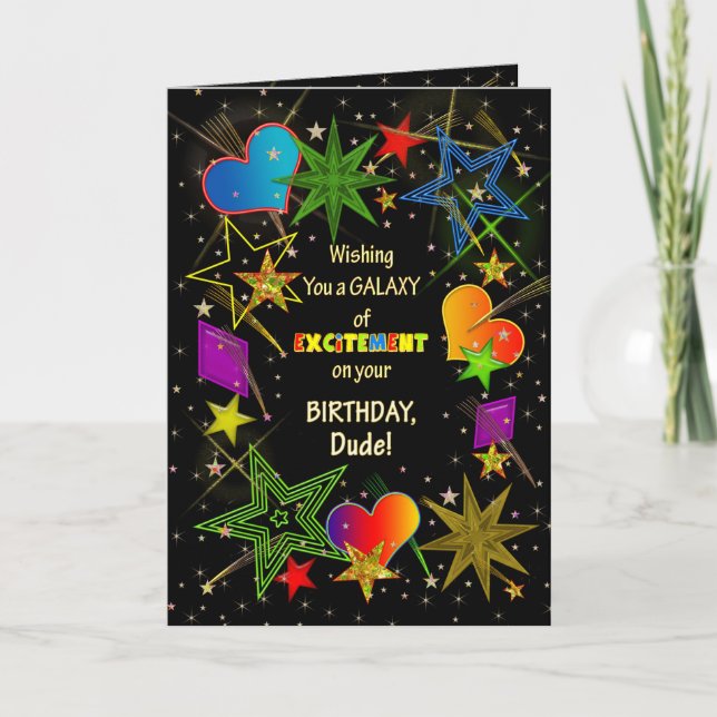 Birthday, DUDE, Abstract Galaxy, Fun, Colourful Card (Front)