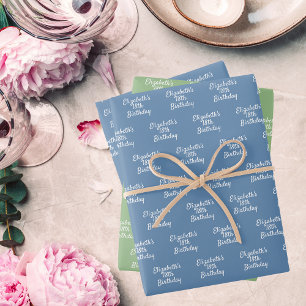 Birthday dusty blue sage green white name wrapping paper sheet
