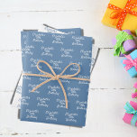 Birthday dusty blue white name wrapping paper sheet<br><div class="desc">Elegant,  trendy party wrapping paper sheets. 2 sheets with dusty blue backgrounds,  white text. One sheet with white background and blue text.
Personalise and add a name and age.</div>