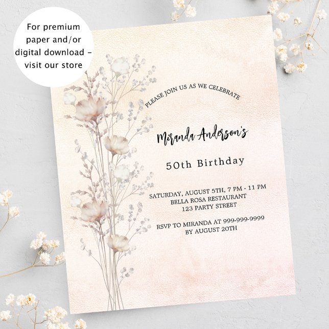 Birthday dusty cream wildflowers budget invitation (Creator Uploaded)