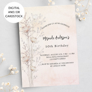 Birthday dusty cream wildflowers pink invitation