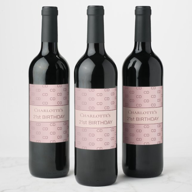 Birthday dusty rose pink monogram initials wine label (Bottles)