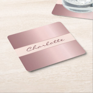 Birthday dusty rose pink rose gold monogram  square paper coaster