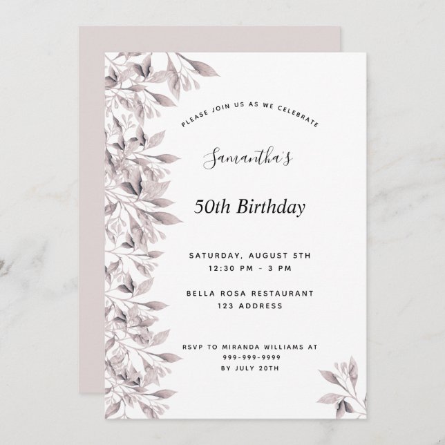 Birthday dusty rose white botanical floral modern invitation (Front/Back)