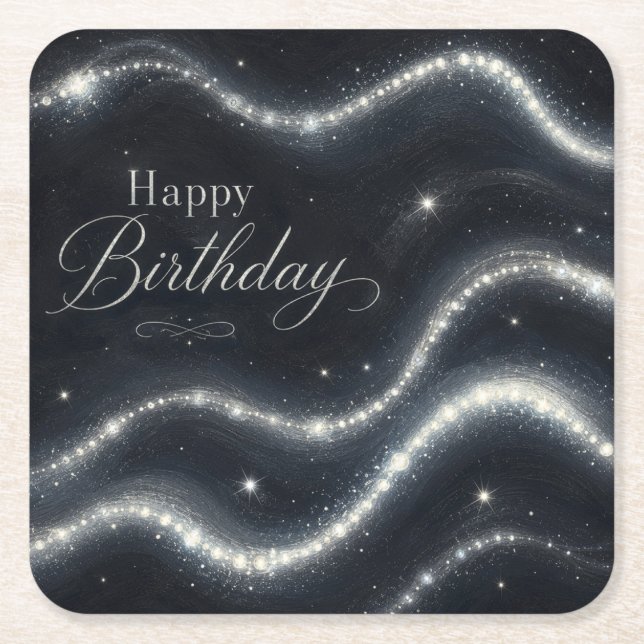 Birthday Elegant Black Silver Diamond Waves Square Paper Coaster (Front)