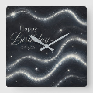 Birthday Elegant Black Silver Diamond Waves Square Wall Clock