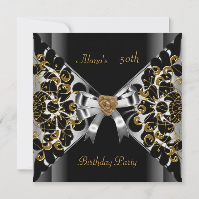 Birthday Elegant Black Silver Gold Party 50th Invitation (Front)