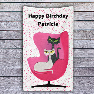 Birthday Elegant Mid Century Cats Pink Chair Dots Banner