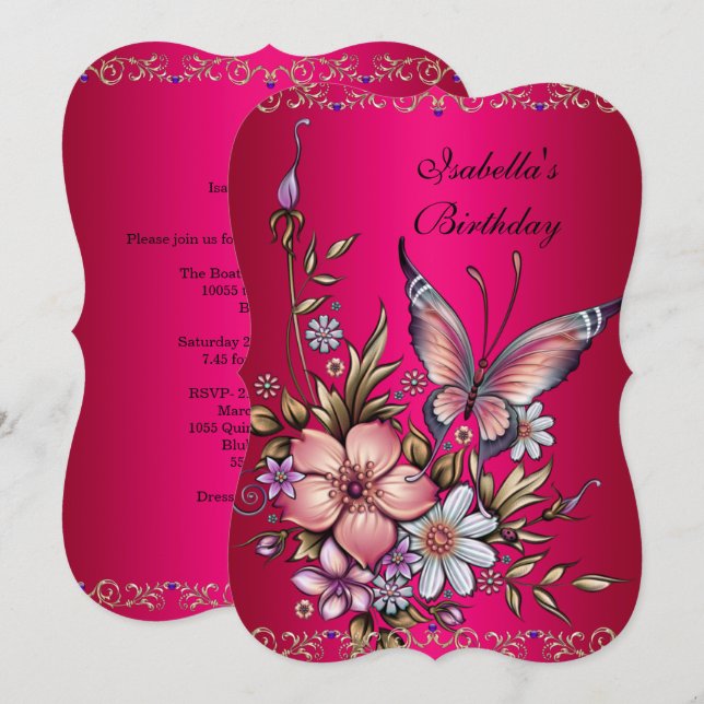 Birthday Elegant Pink Fushia Floral Butterfly Invitation (Front/Back)