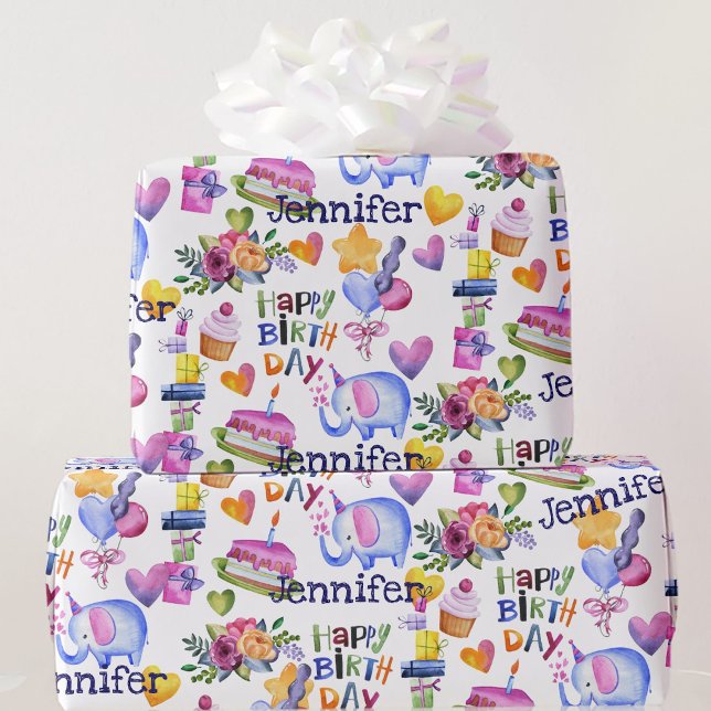Birthday Elephant Balloons Hearts Add Name Cute Wrapping Paper (Creator Uploaded)