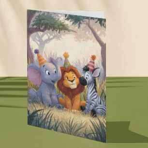 Birthday Elephant Lion Zebra  Card