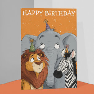 Birthday Elephant Lion Zebra  Card