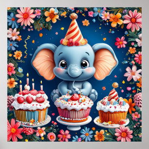 Birthday elephant with cake and balloons poster