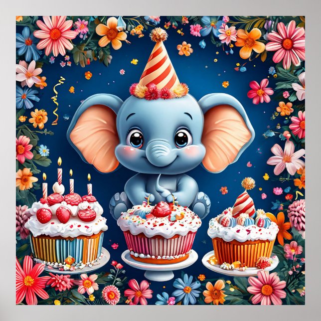 Birthday elephant with cake and balloons poster (Front)
