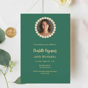 Birthday emerald green gold diamond photo invitation
