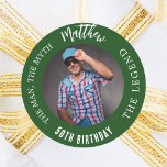 Birthday emerald green photo man myth legend classic round sticker<br><div class="desc">A emerald green background.   Text: The Man,  The Myth,  The Legend. Personalise and add his name,  age and photo.</div>