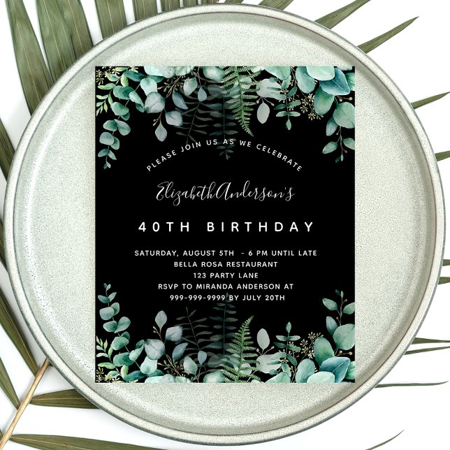 Birthday eucalyptus black budget invitation flyer (Creator Uploaded)