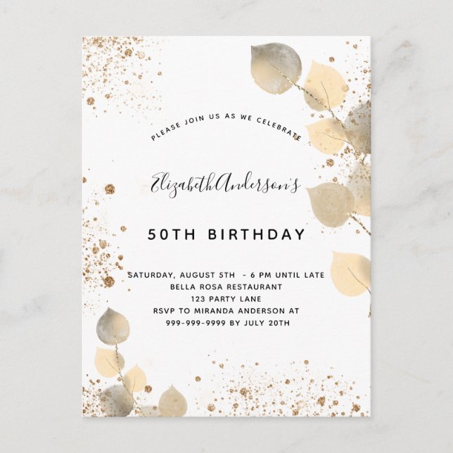 Birthday eucalyptus foliage glitter golden  invitation postcard (Front)
