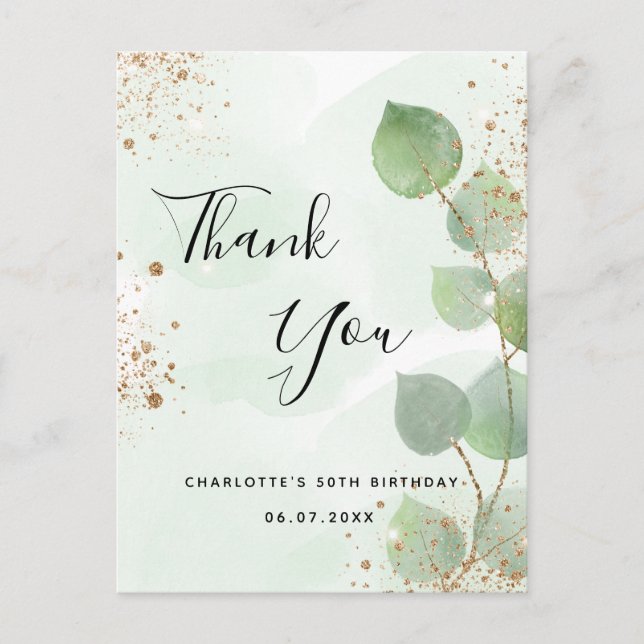 Birthday eucalyptus geenery glitter thank you postcard (Front)