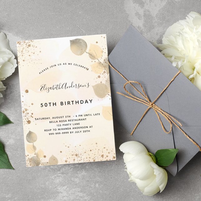 Birthday eucalyptus glitter golden fall foliage invitation (Creator Uploaded)