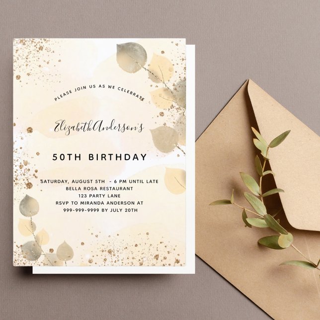 Birthday eucalyptus glitter golden fall foliage invitation postcard (Creator Uploaded)