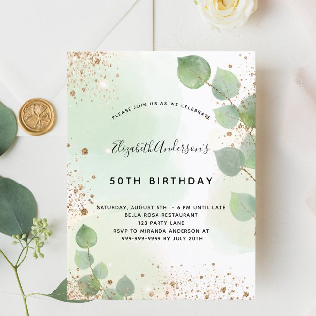 Birthday eucalyptus glitter greenry modern invitation postcard (Creator Uploaded)