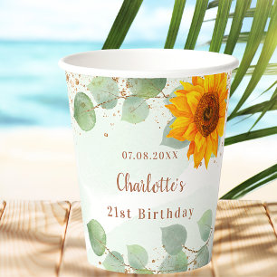 Birthday eucalyptus glitter sunflower monogram paper cups