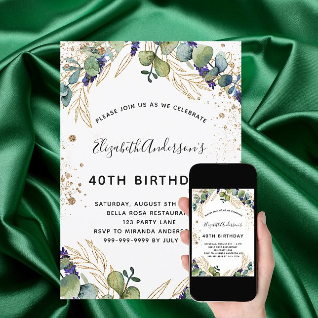 Birthday eucalyptus greenery glitter invitation (Creator Uploaded)