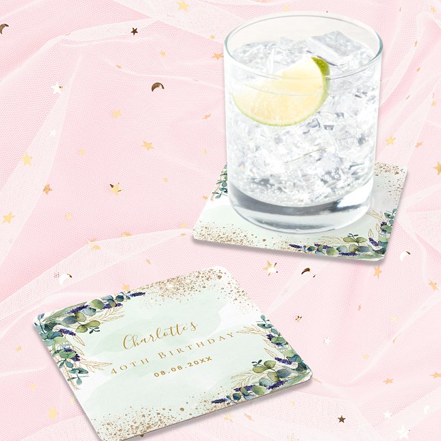 Birthday eucalyptus greenery glitter monogram square paper coaster (Creator Uploaded)