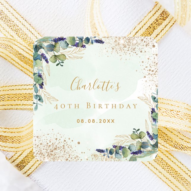 Birthday eucalyptus greenery glitter monogram square sticker (Creator Uploaded)