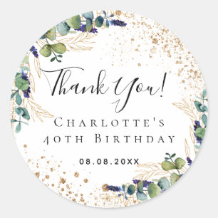 Birthday eucalyptus greenery glitter thank you classic round sticker