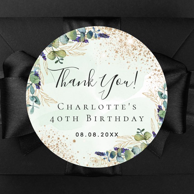 Birthday eucalyptus greenery glitter thank you classic round sticker (Creator Uploaded)