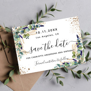 Birthday eucalyptus greenery gold elegant save the date