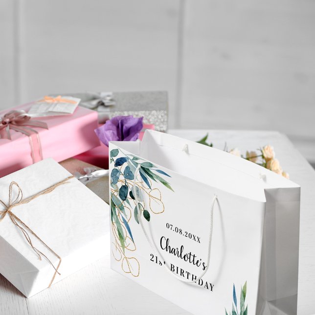 Birthday eucalyptus greenery gold monogram large gift bag (Creator Uploaded)