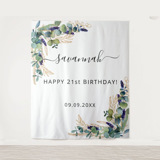 Birthday eucalyptus greenery gold monogram tapestry (Front)