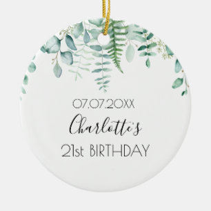 Birthday eucalyptus greenery name elegant  ceramic ornament