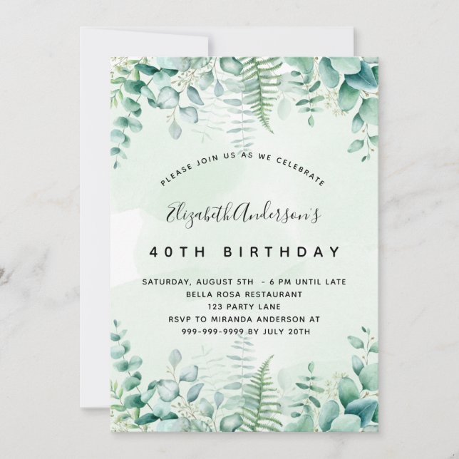 Birthday eucalyptus greenery woodland ferns invitation (Front)