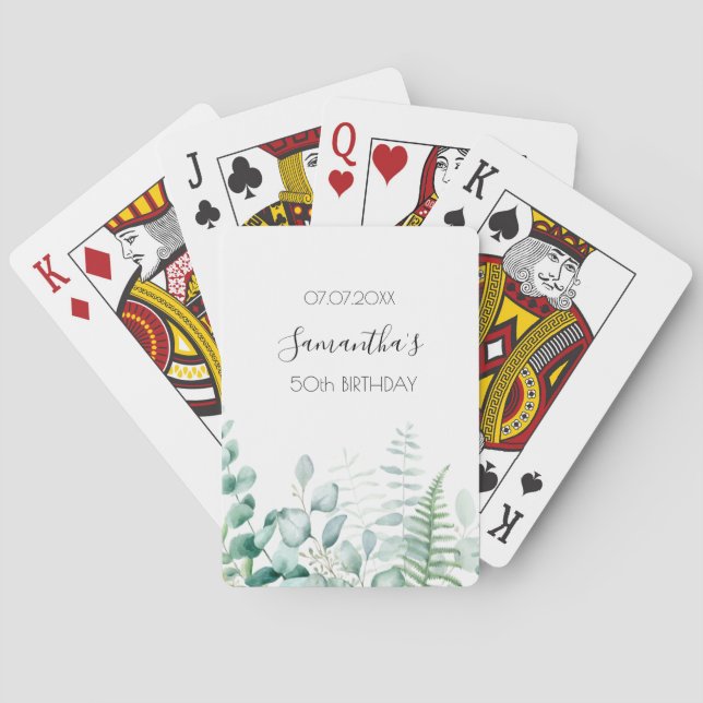Birthday eucalyptus greenery woodland ferns name playing cards (Back)