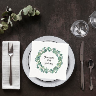 Birthday eucalyptus greenery wreath name elegant napkin